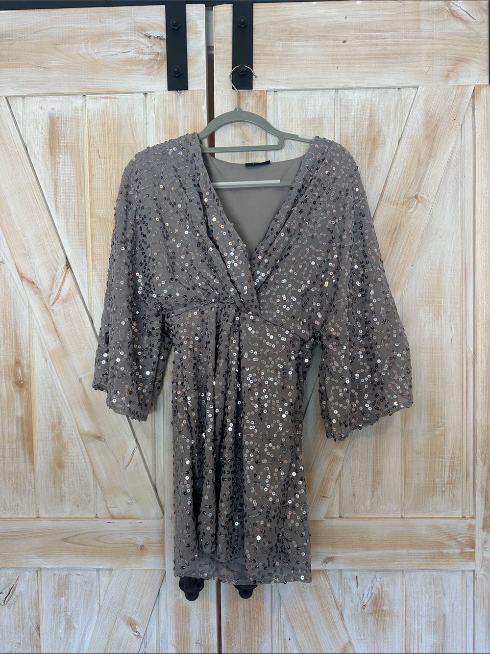 Taupe Sequin Mini Dress with V-Neck and Empire Waist